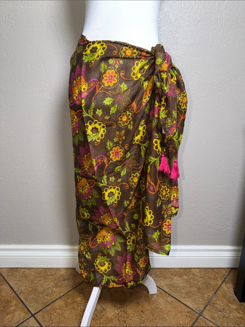 Old Navy Brown Floral Tie-Side Swim Sarong with Neon Tassels